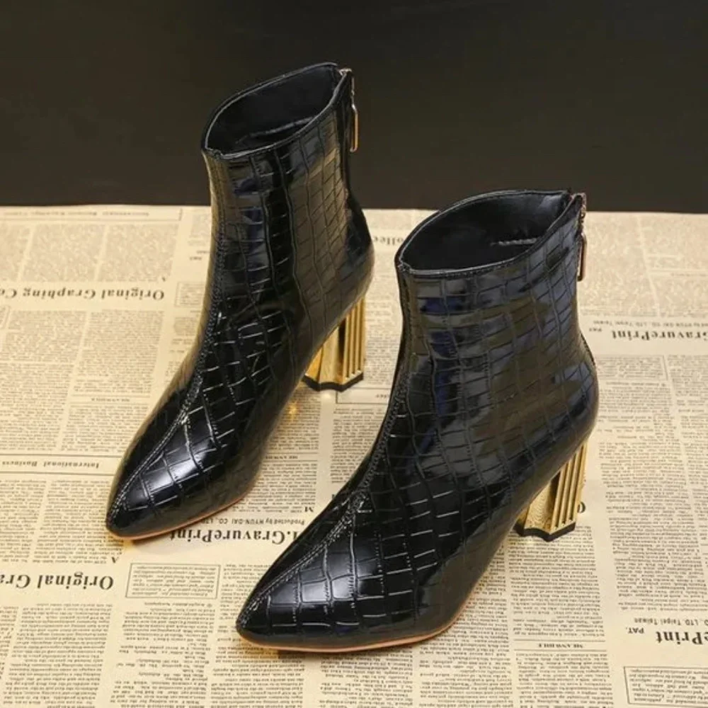 zipper ankle boots women's metal heel embossed shiny leather nude boots - Picture 7 of 9